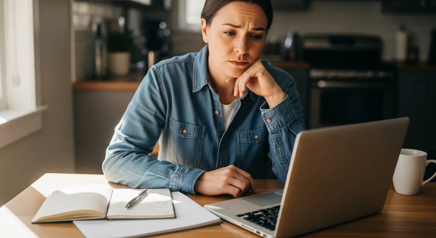 Homeowner comparing restoration companies on a laptop at the kitchen table