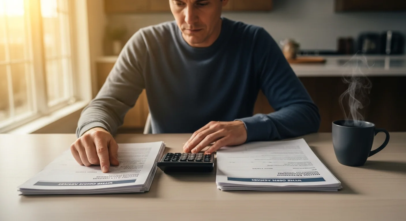 Homeowner comparing two water damage restoration estimates at a kitchen table with a calculator