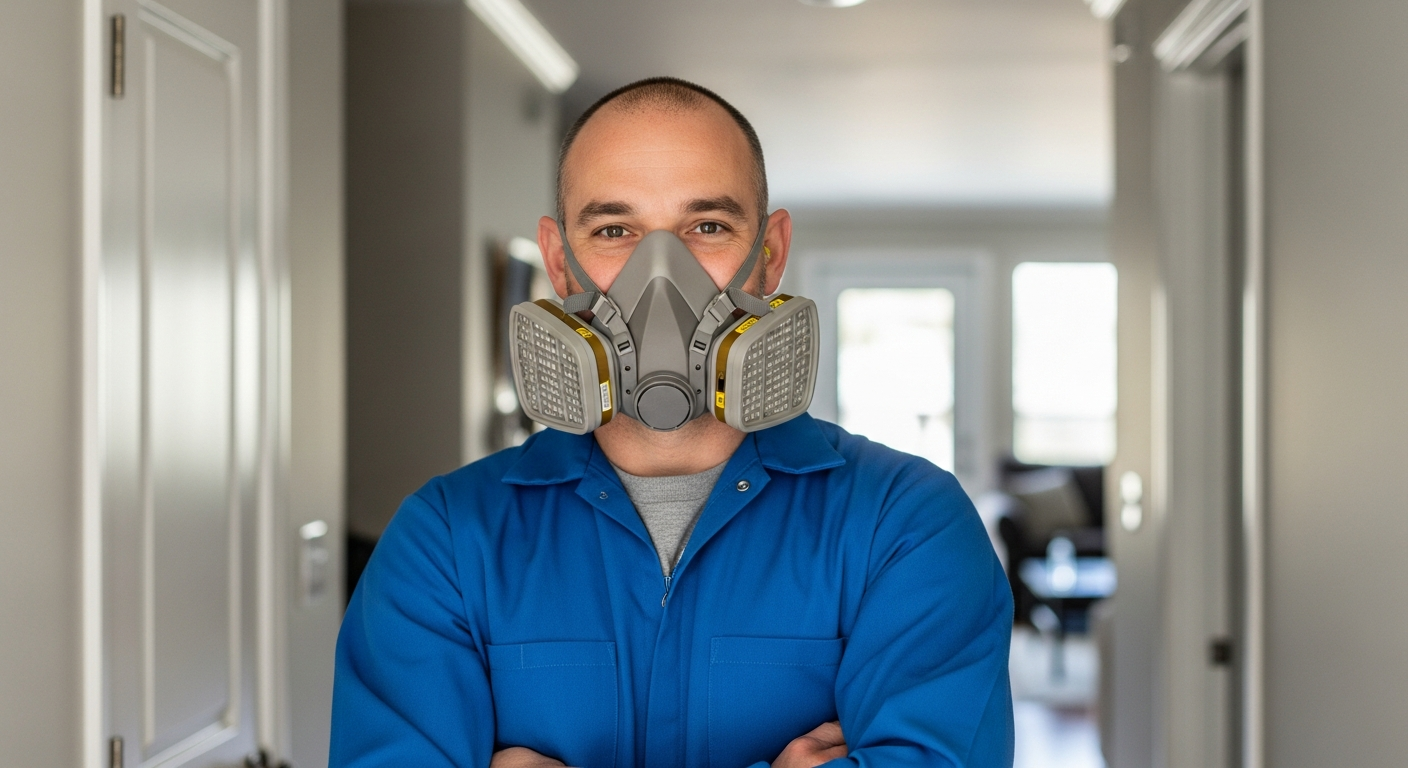 Certified mold remediation technician in professional uniform and respirator mask