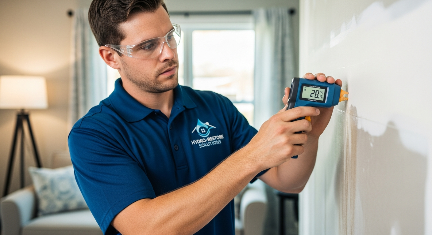 Certified water restoration technician using a digital moisture meter on a drywall wall
