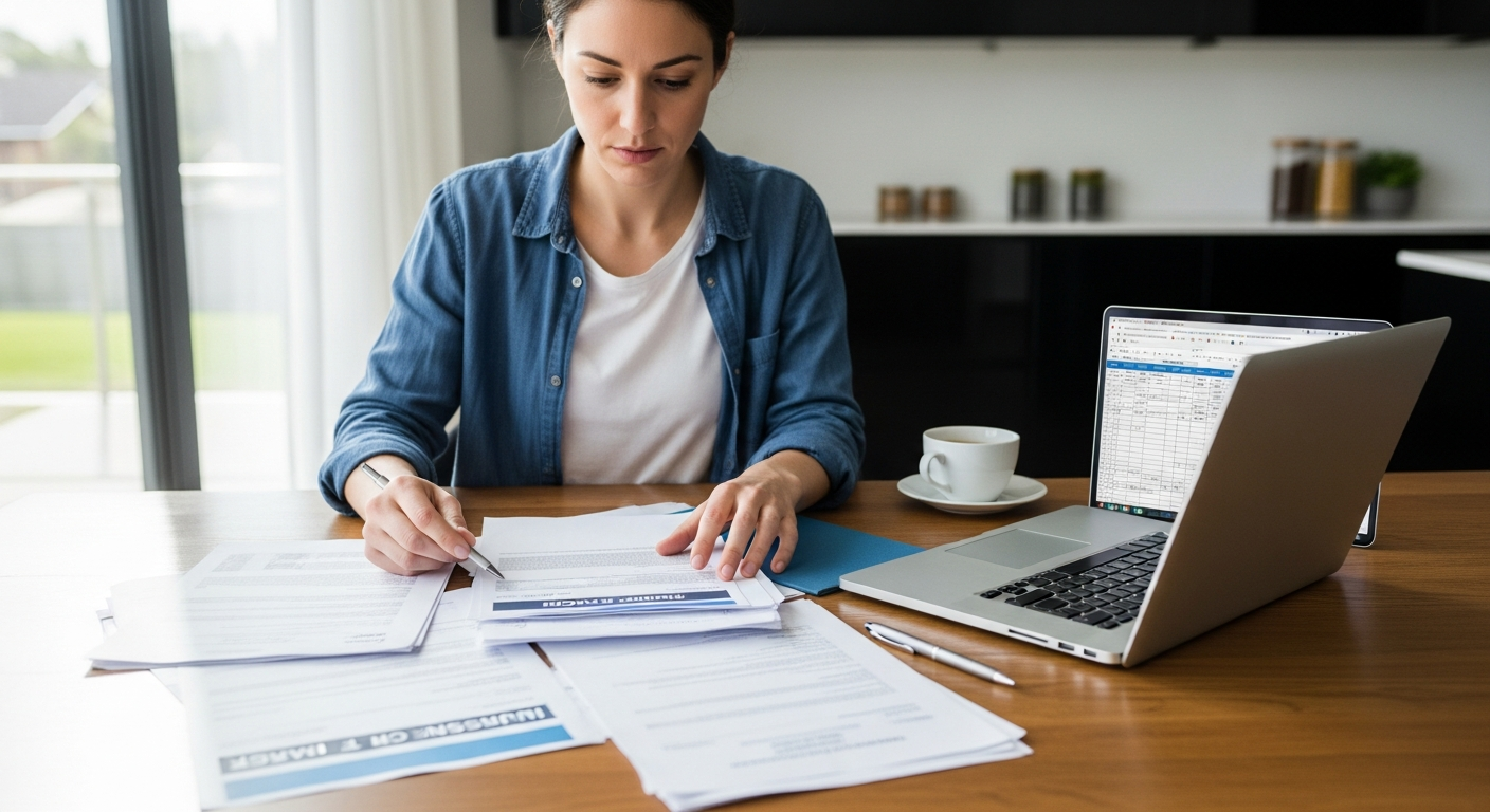 Homeowner reviewing insurance claim paperwork and settlement documents at their kitchen table