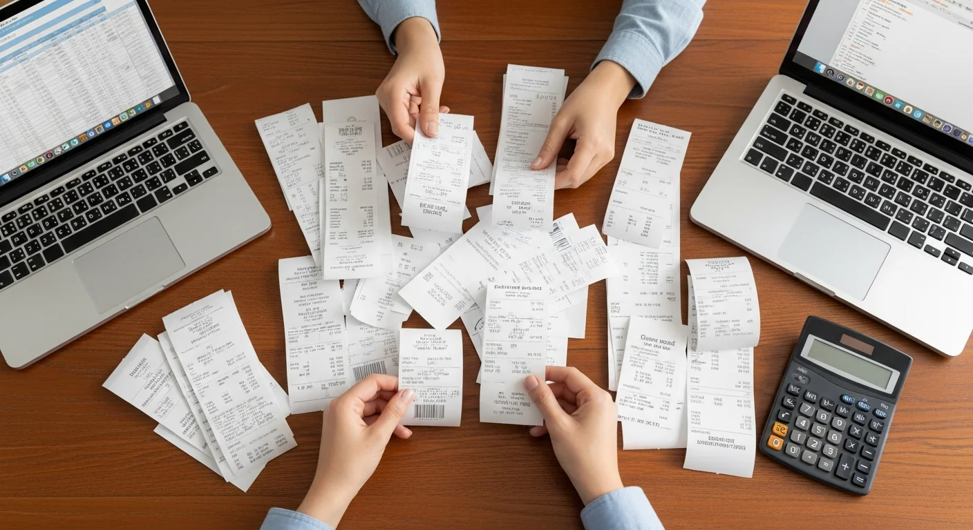 Hands organizing paper hotel and restaurant receipts next to a laptop on a dining table