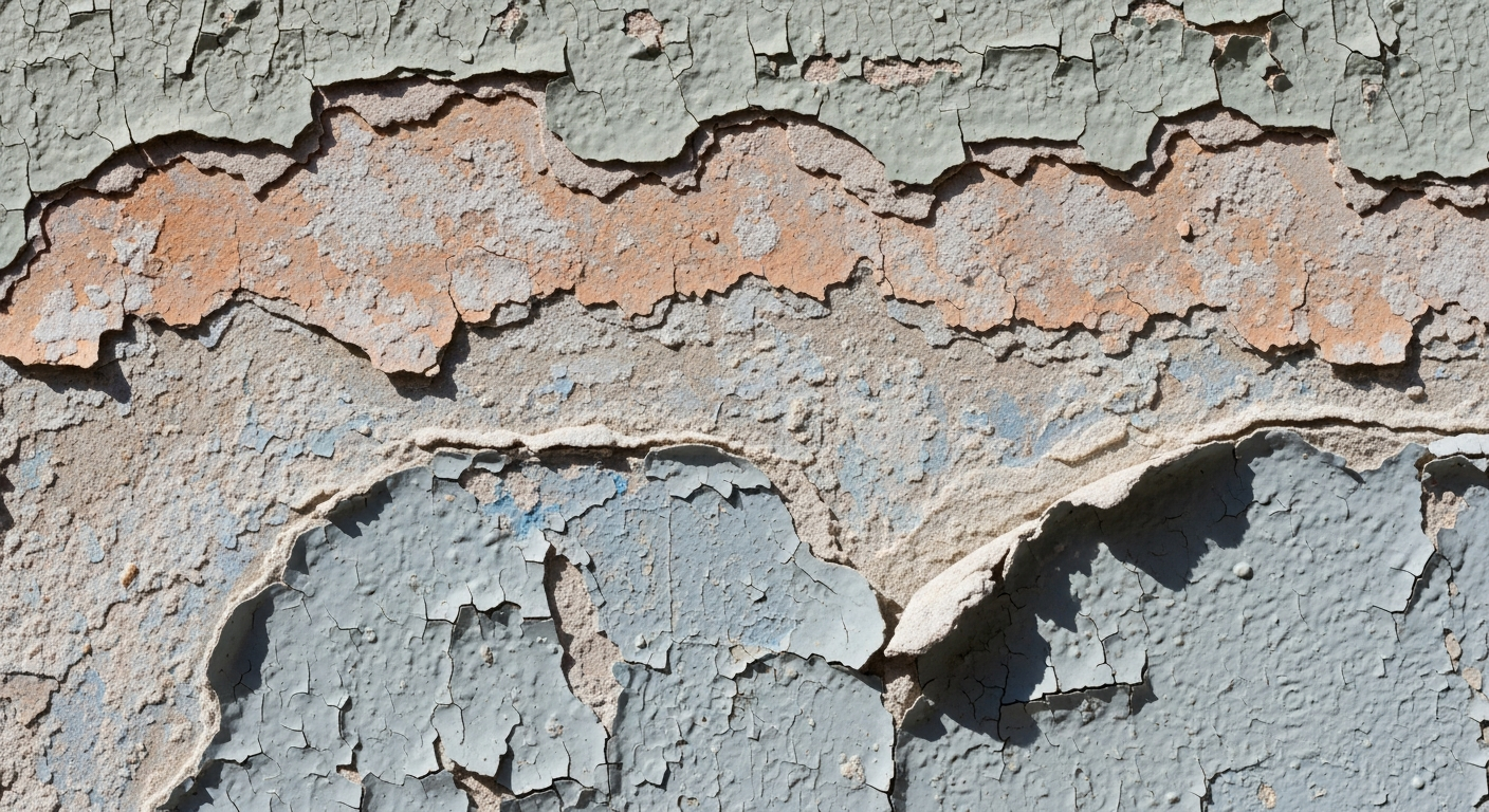 Deteriorating lead paint peeling from a wall in an older home showing multiple paint layers