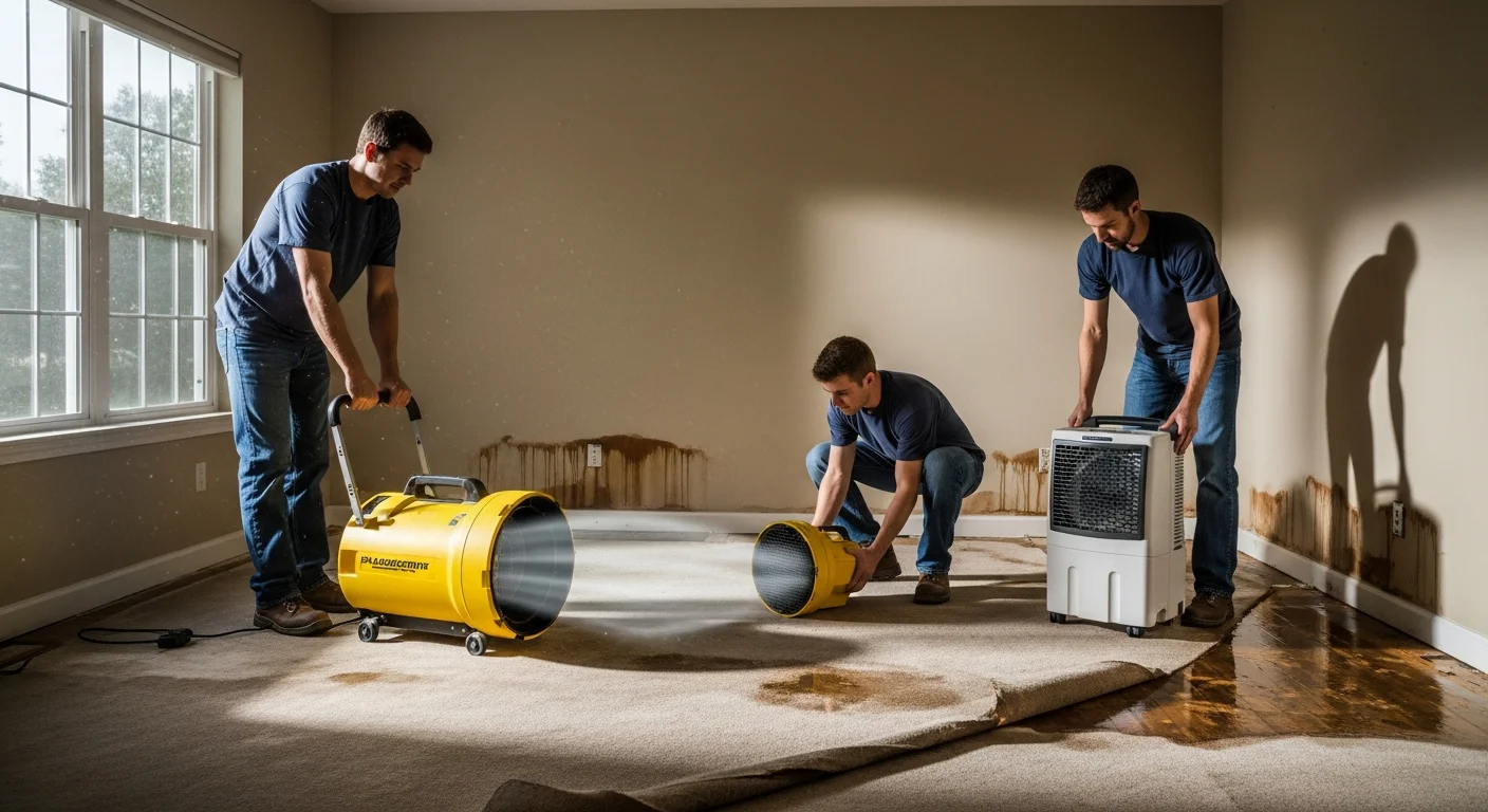 Local restoration crew setting up air movers and a dehumidifier in a water-damaged living room