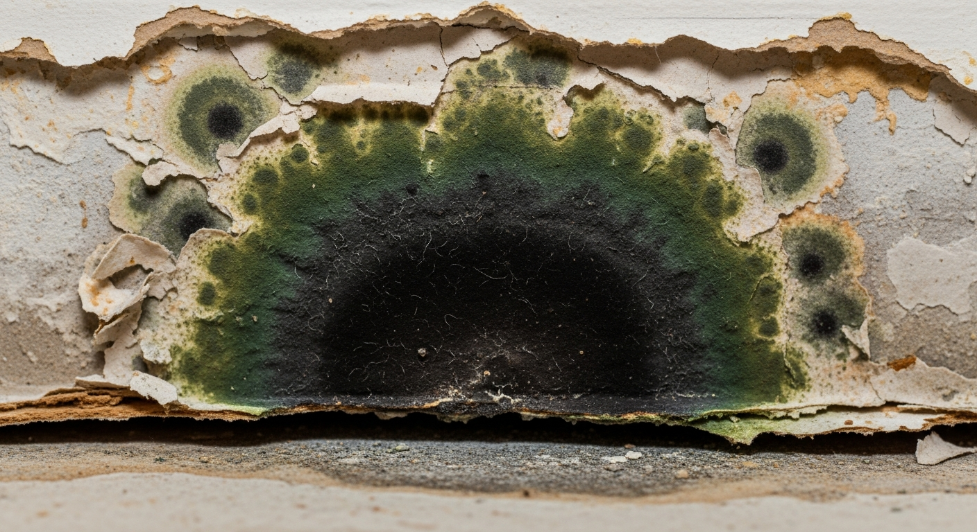 Black and green mold growth discovered behind a removed baseboard on a residential wall