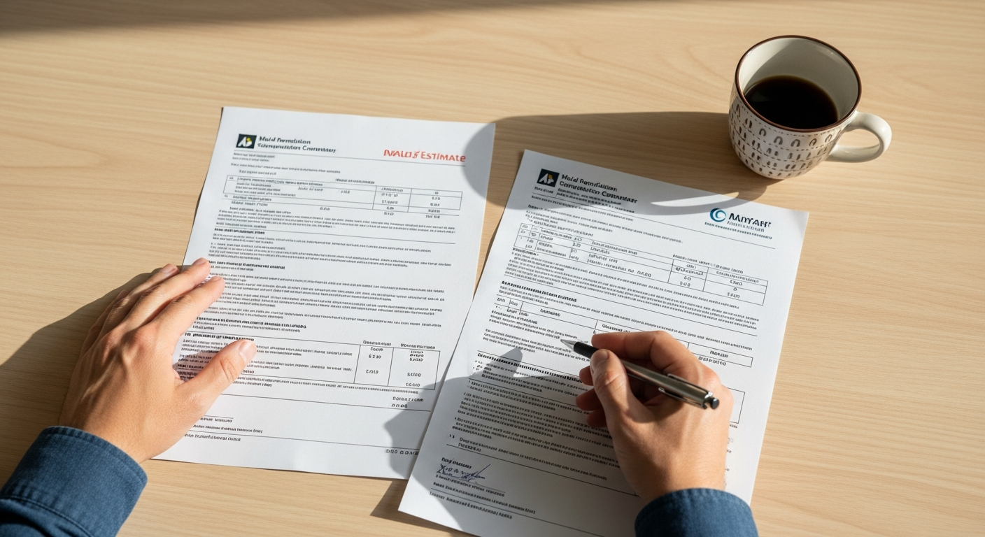 Homeowner comparing two detailed written mold remediation contractor estimates at a kitchen table
