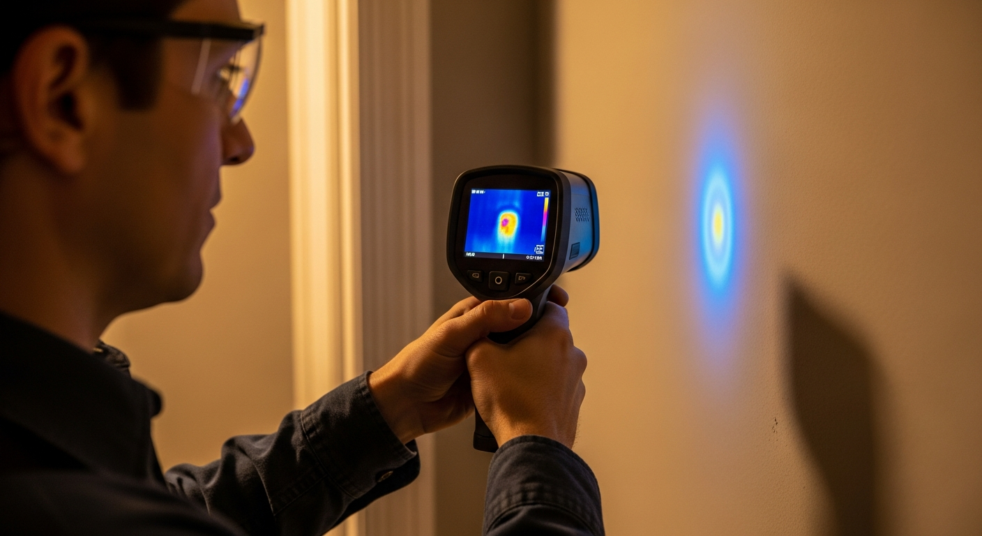 Mold inspector using a thermal imaging camera to detect hidden moisture behind a residential wall