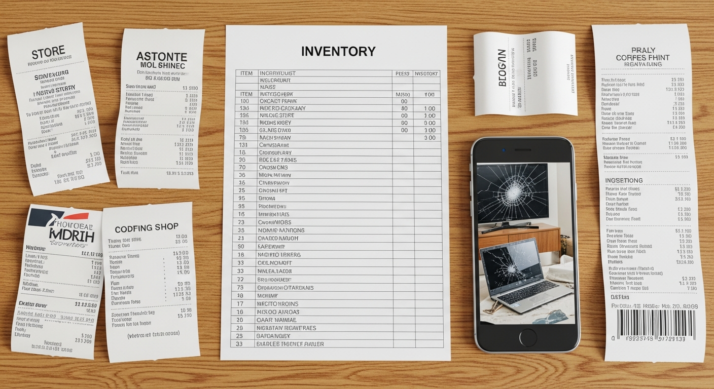 Detailed handwritten inventory list, store receipts, and a smartphone displaying photos of damaged electronics
