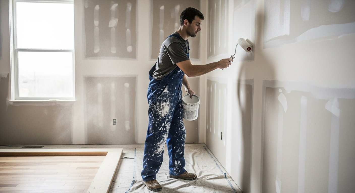 Painter applying paint to fresh drywall during reconstruction after water damage restoration