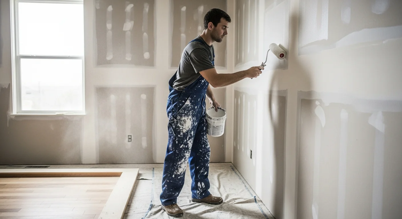Painter applying paint to fresh drywall during reconstruction after water damage restoration