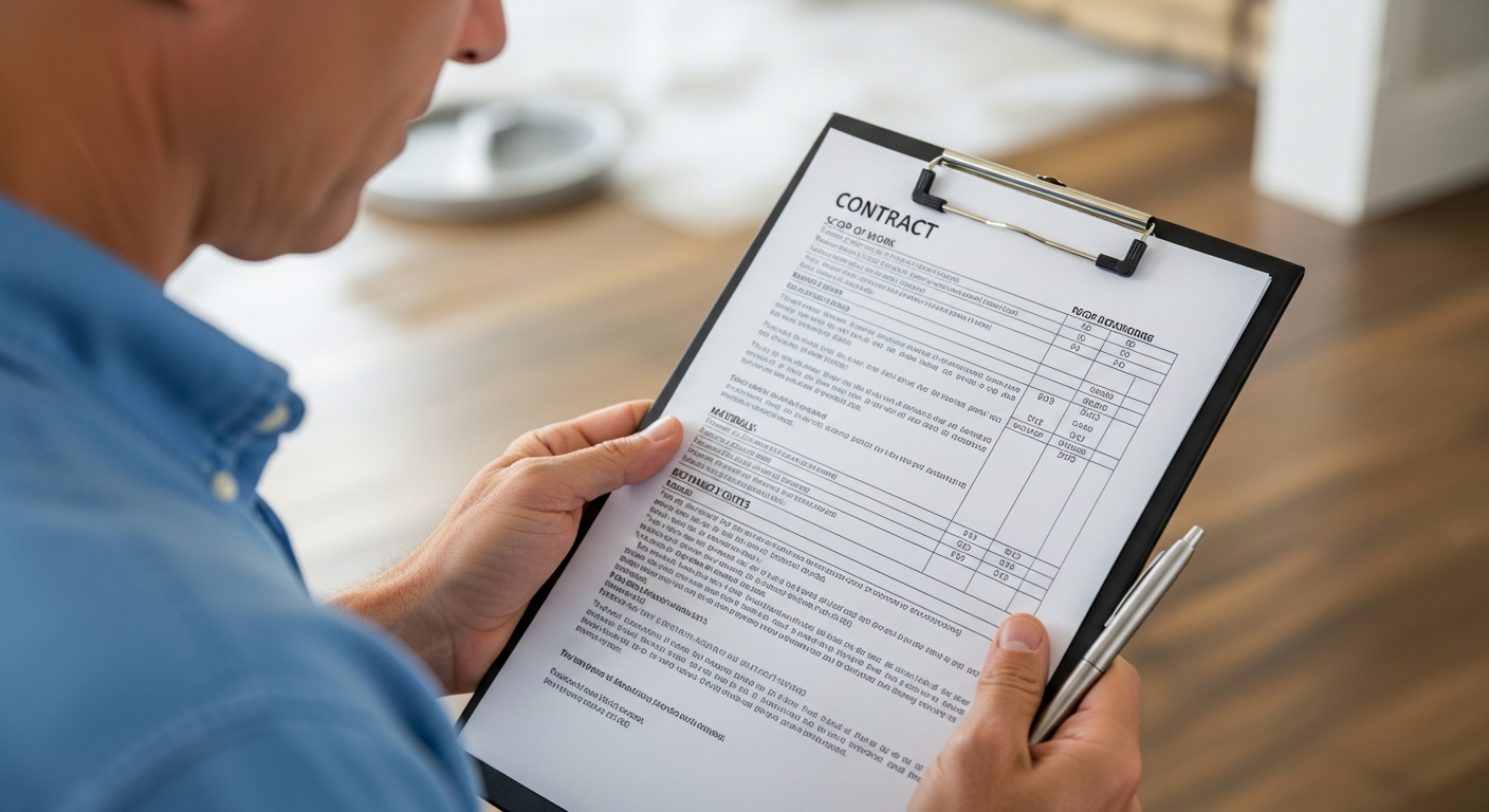 Homeowner carefully reading a detailed water damage restoration contract on a clipboard