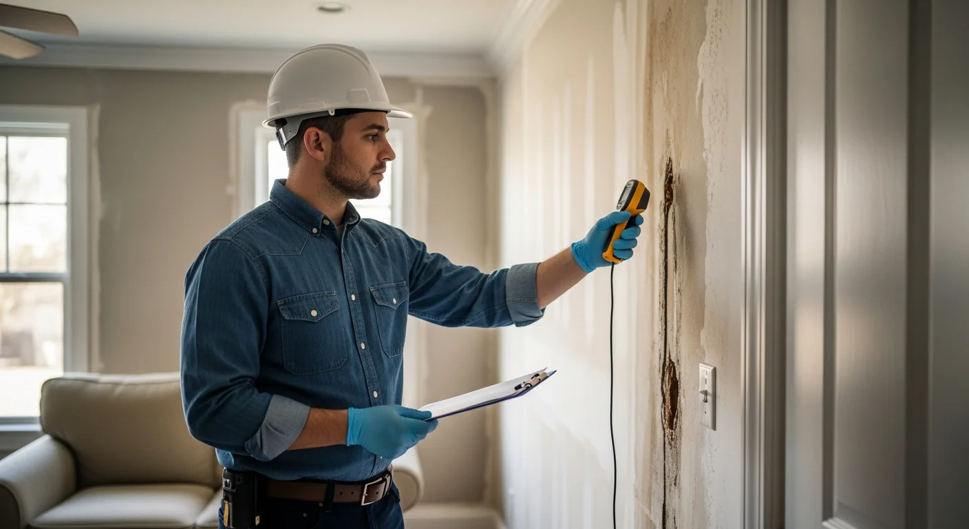 Restoration technician with a moisture meter assessing a water-damaged living room