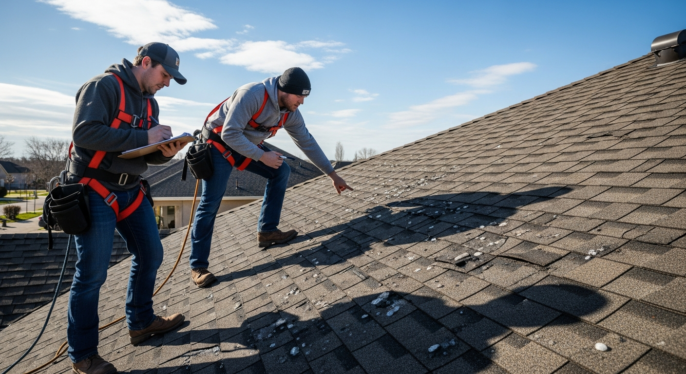 Homeowner and contractor inspecting hail damage on a residential roof with the insurance adjuster