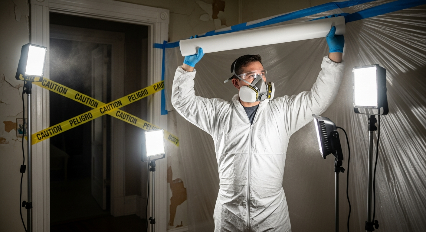 Contractor in PPE setting up plastic sheeting containment before lead paint renovation work