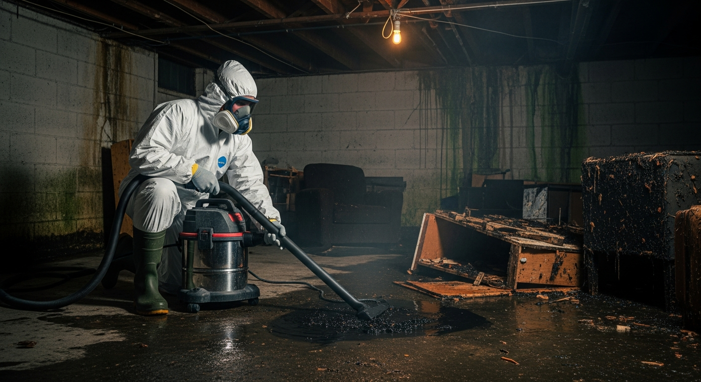 Restoration contractor in a full white hazmat suit cleaning a contaminated basement