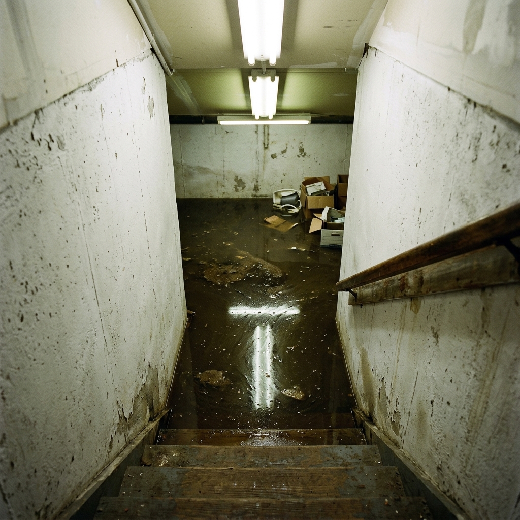 Sewage backup in a residential basement requiring professional biohazard cleanup