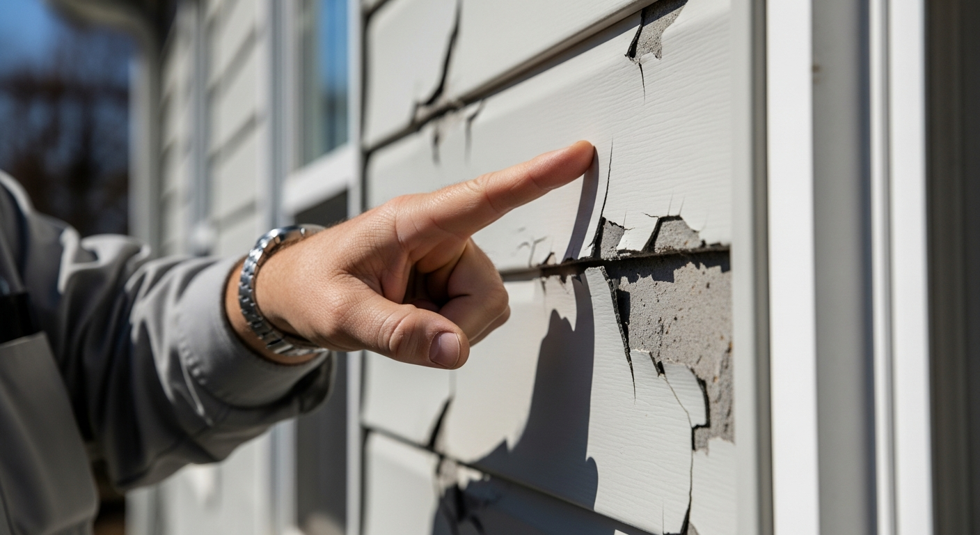 Contractor assessing cracked, hail-damaged vinyl siding on the exterior of a home