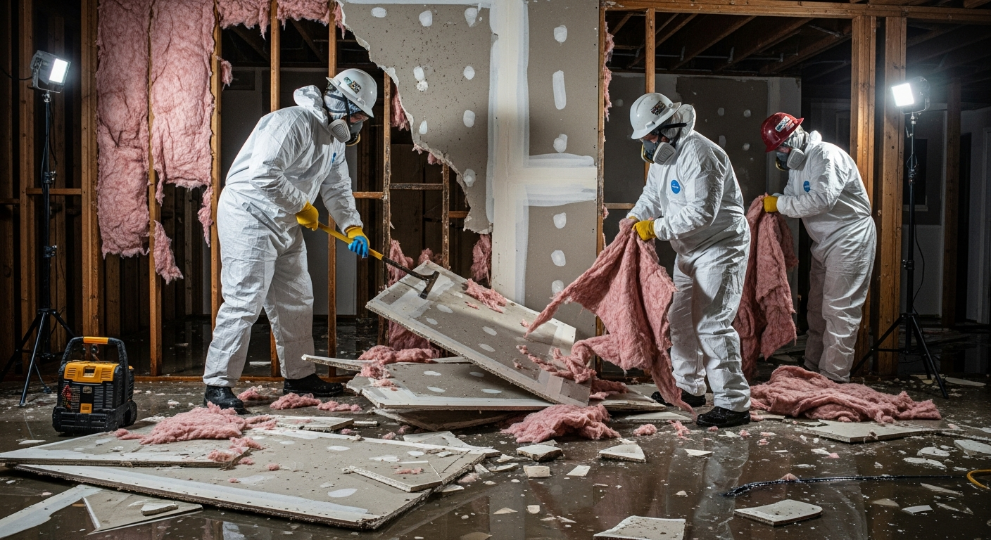 Restoration contractors in PPE tearing out saltwater-contaminated drywall down to bare studs
