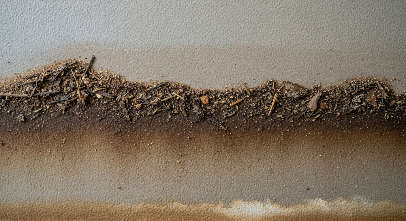 Dirty saltwater high-water mark and sediment debris line left across painted drywall
