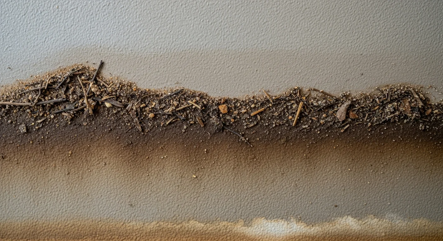 Dirty saltwater high-water mark and sediment debris line left across painted drywall