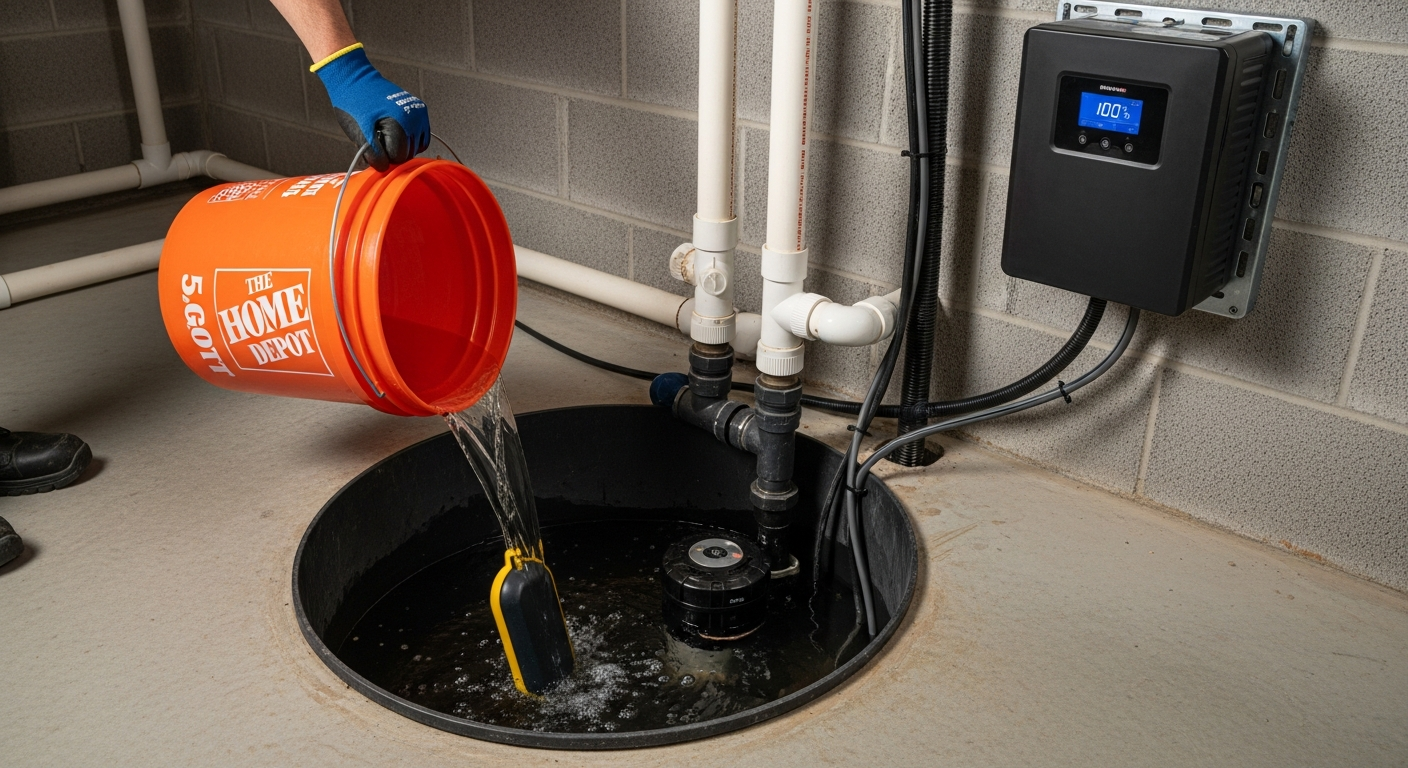 Plumber pouring a bucket of water into a sump pit to test it, with a battery backup visible on the wall