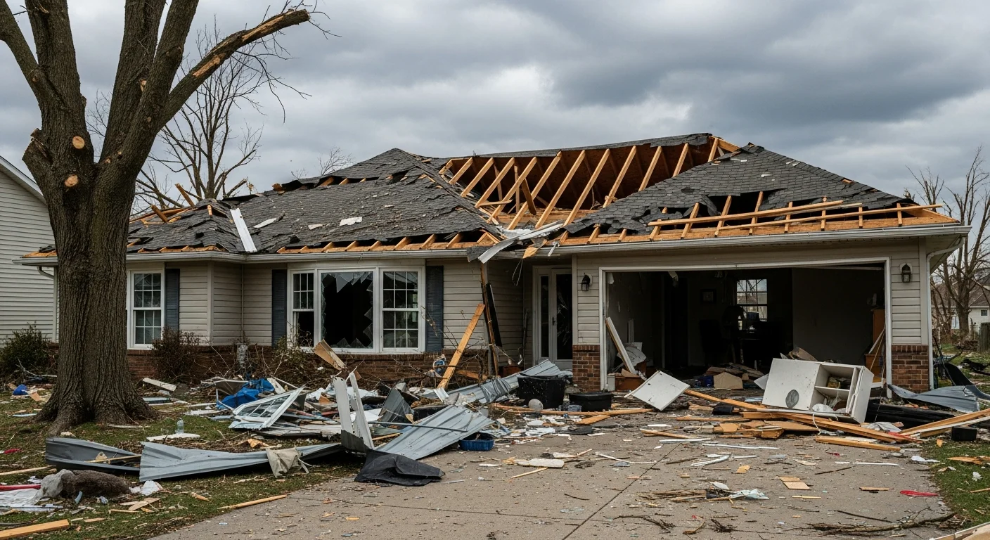 Residential house exterior with significant roof damage and debris in the yard after a tornado
