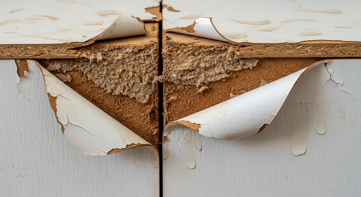 Swollen, delaminating particleboard furniture with peeling laminate veneer, water-damaged and beyond restoration — water damaged furniture restoration