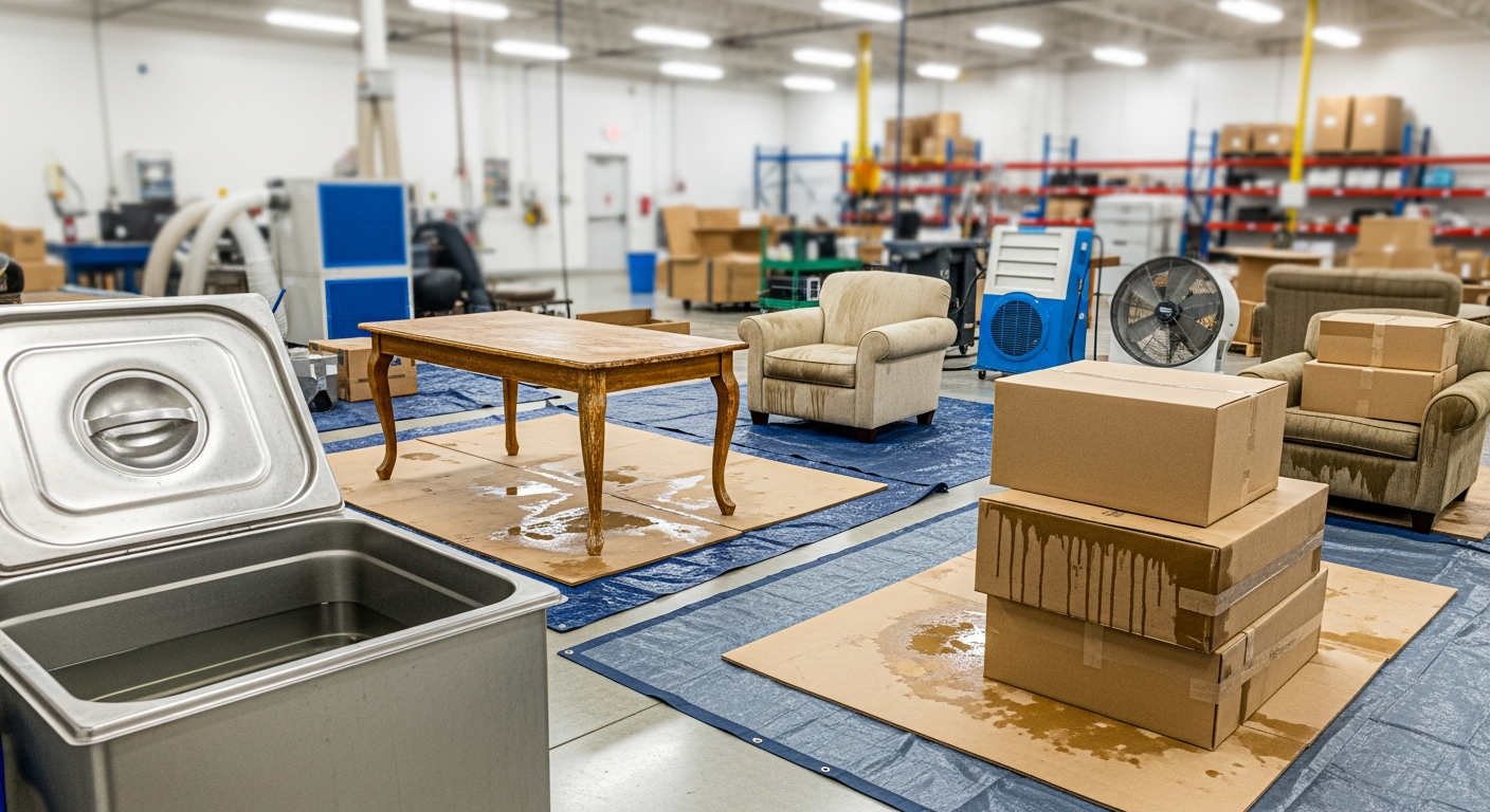 A professional contents restoration facility with water-damaged furniture being assessed, ultrasonic cleaning equipment visible — water damaged furniture restoration