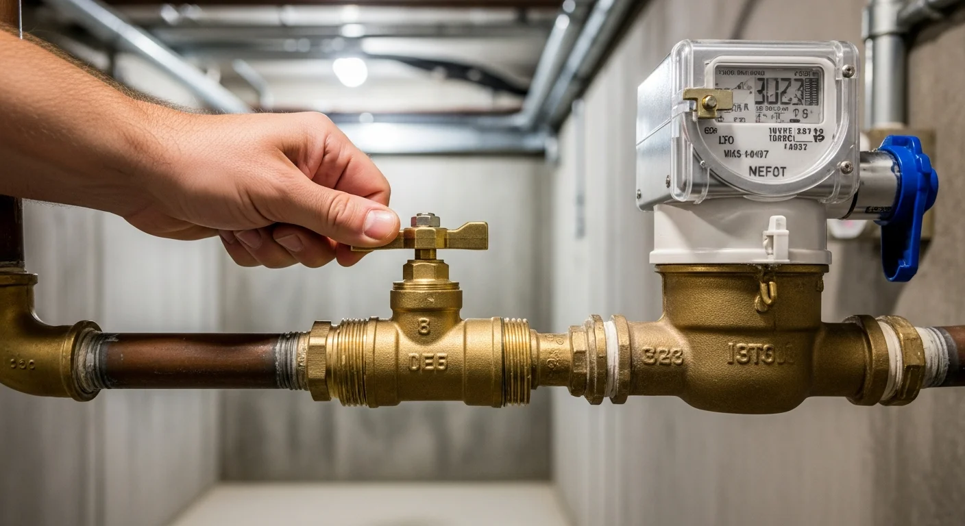 Homeowner turning a main water shut-off valve to stop water flow from a burst pipe