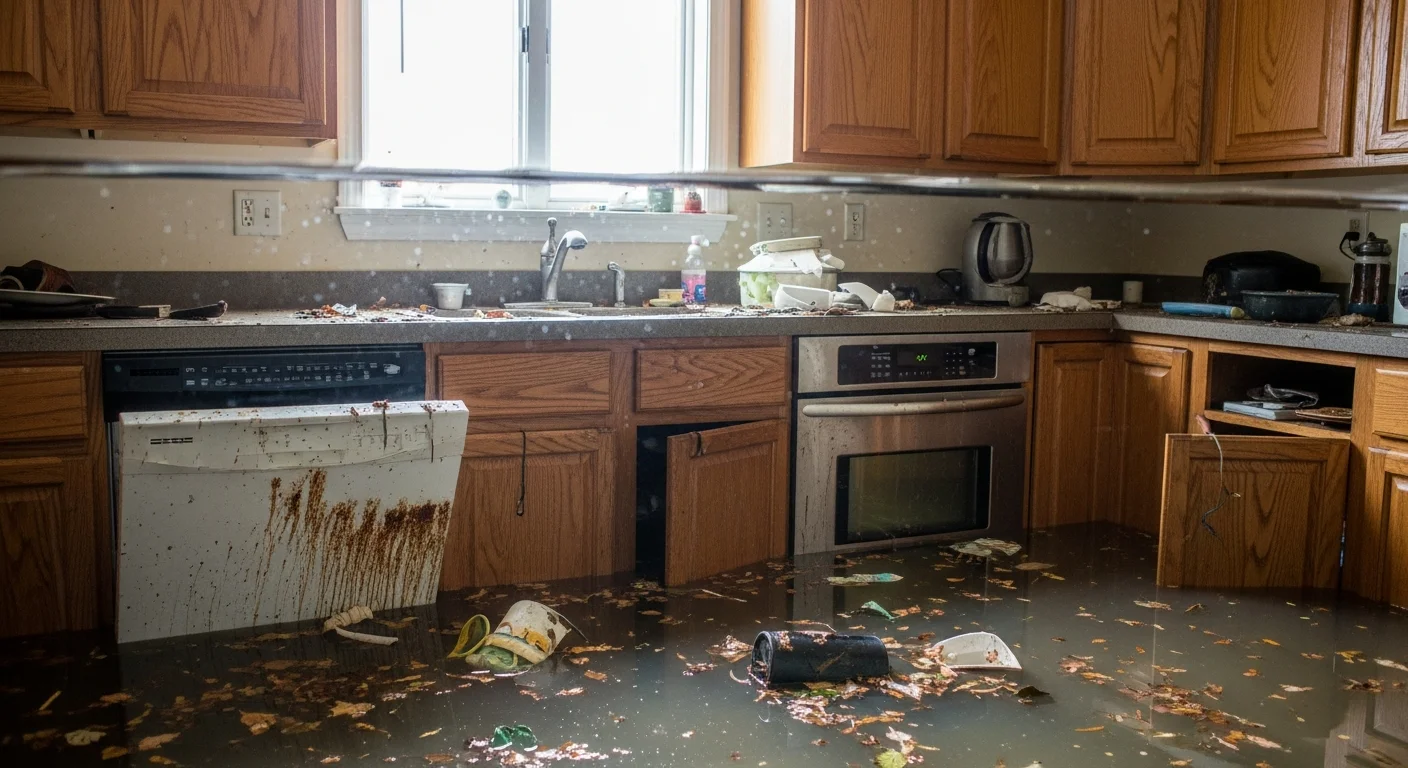 A submerged residential kitchen with water-damaged built-in appliances and lower cabinets, daylight from a window above the waterline — flood insurance cover