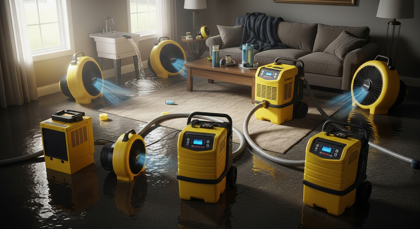 Industrial water extraction equipment, commercial-grade dehumidifiers and air movers operating in a flooded residential interior — after hurricane water damage