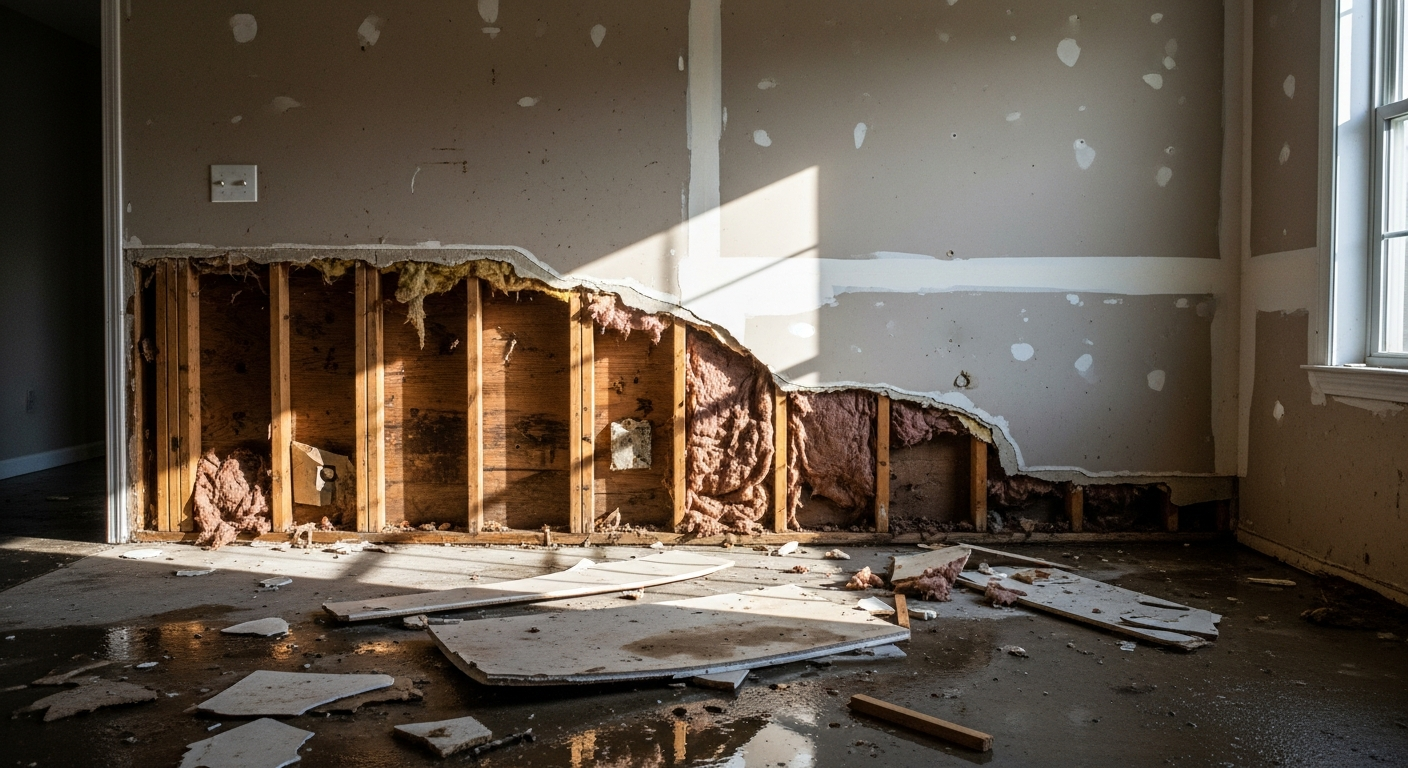 Post-hurricane interior with removed drywall sections, exposed wall framing, and visible water damage line on the remaining wall surface, daylight — after hurricane water damage