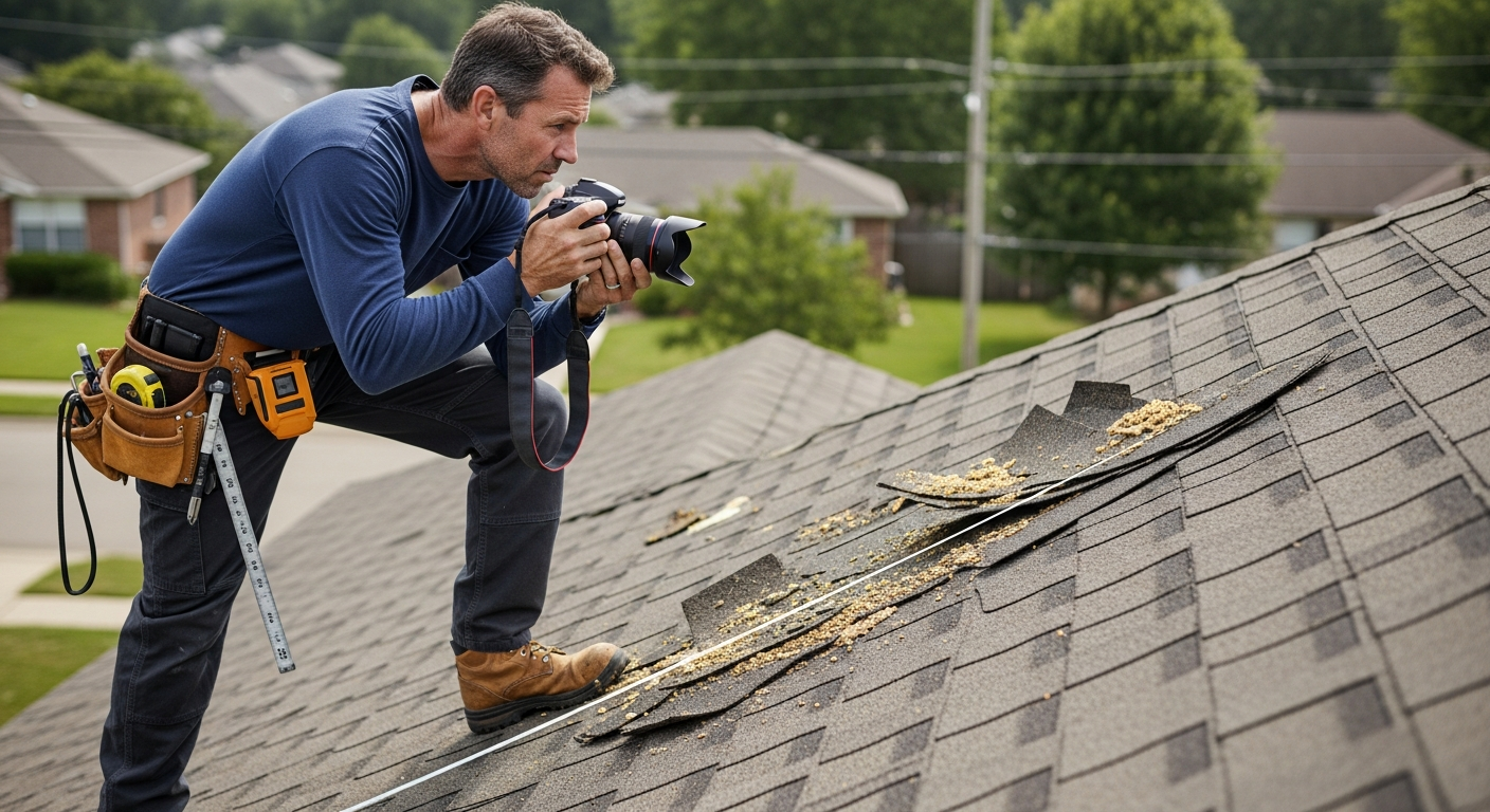 A roofing inspector on a residential roof using a digital camera and inspection tools to document wind damage, daylight — wind damage roof repair cost