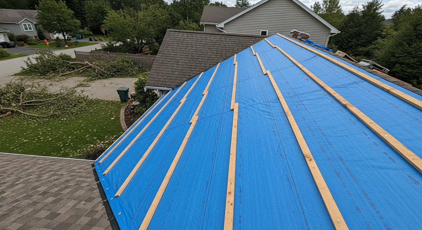 A residential roof with a properly installed blue emergency tarp secured with boards, post-storm cleanup visible in background, daylight — wind damage roof repair cost