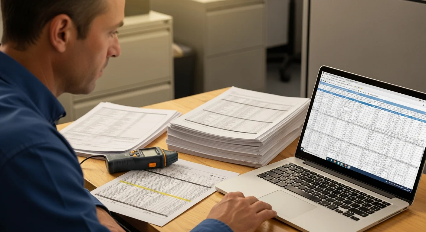 Restoration estimator reviewing a detailed line-item water damage estimate on a laptop beside moisture readings