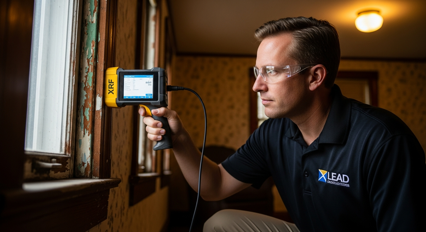 Certified lead inspector using a handheld XRF analyzer to test a window frame for lead paint